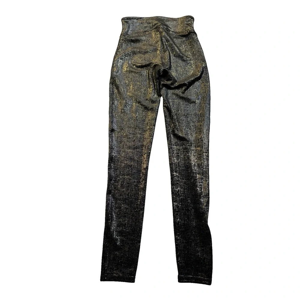 Spanx Women's Small‎ Sexy Velvet Shine Black Gold Metallic Compression Leggings